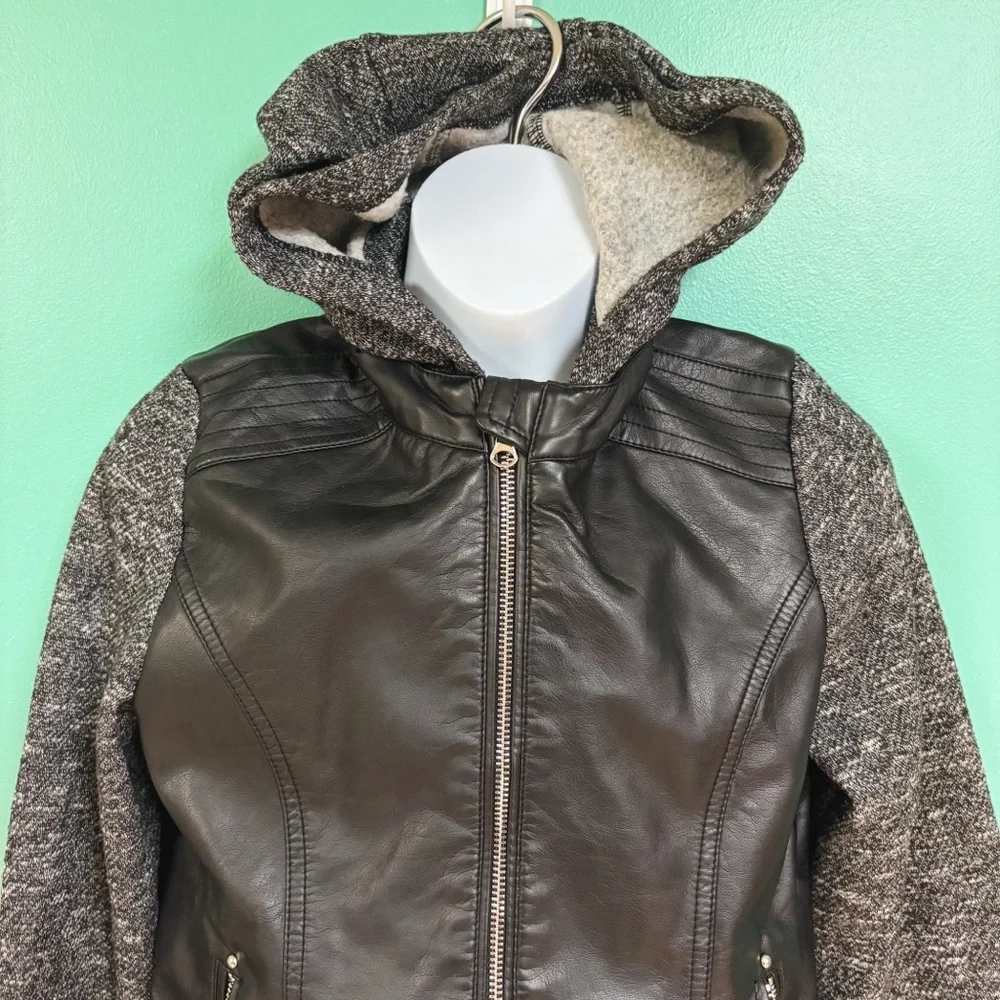 SO Black & Gray Faux-Leather Hooded Zip Up Moto Jacket Girls 10/12